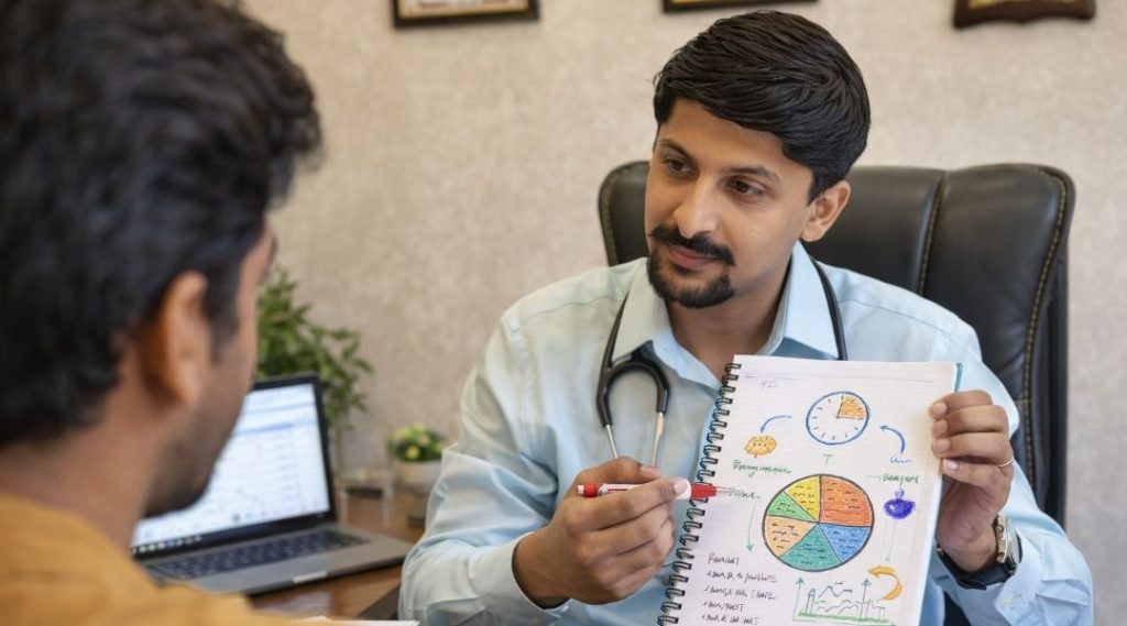 Dr. Arjun Bawa-Ayurvedic Doctor explaining Ayurvedic approach and impact to patient