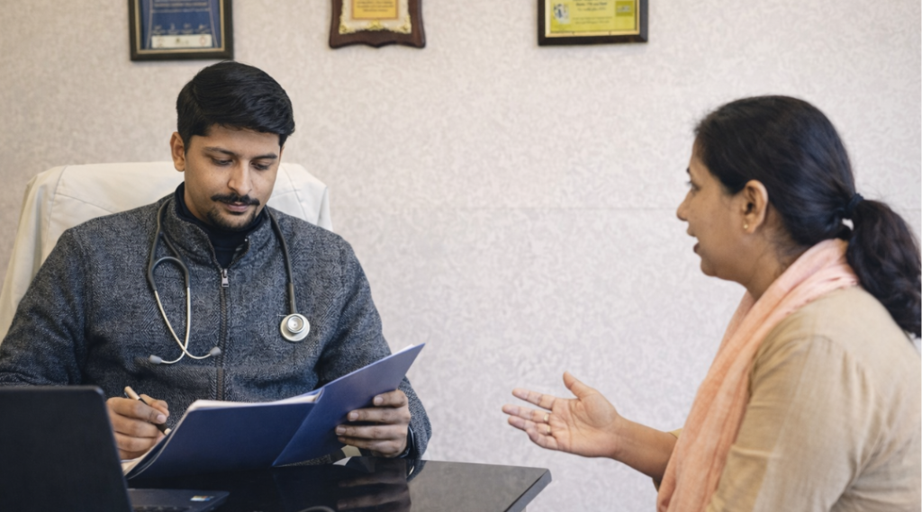 Ayurvedic doctor reviewing patient records while listening during a calm consultation
