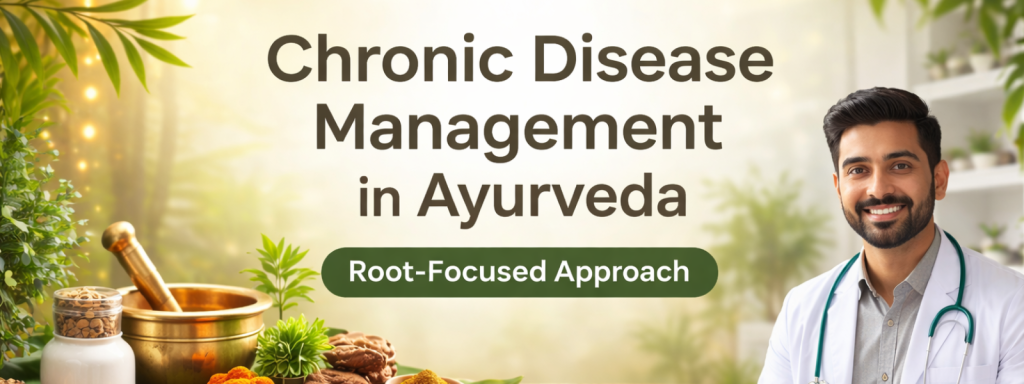 Banner showing an Ayurvedic doctor alongside traditional herbs and a mortar, representing a structured, root-focused approach to chronic disease management in Ayurveda.