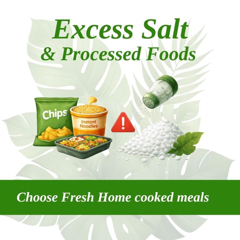 Illustration showing excess salt and processed foods with items like chips, instant noodles, and packaged meals, along with a salt shaker and warning sign, encouraging choosing fresh home-cooked meals.