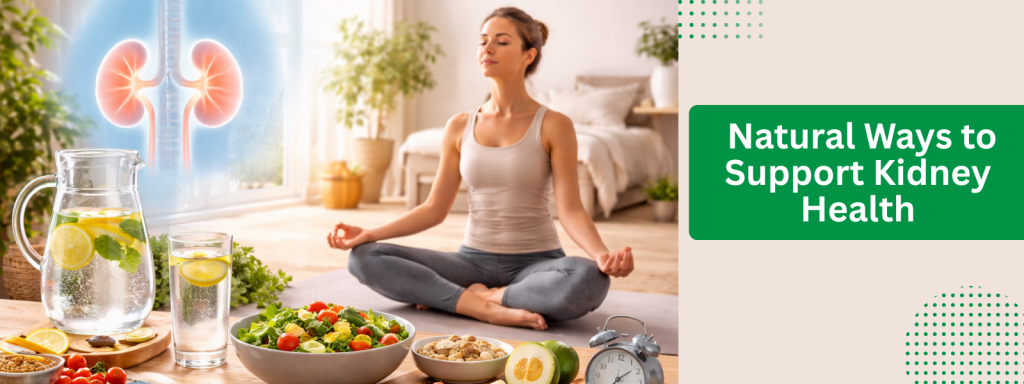 Lifestyle illustration showing hydration, healthy diet, and yoga as natural ways to support kidney health and maintain a balanced daily routine
