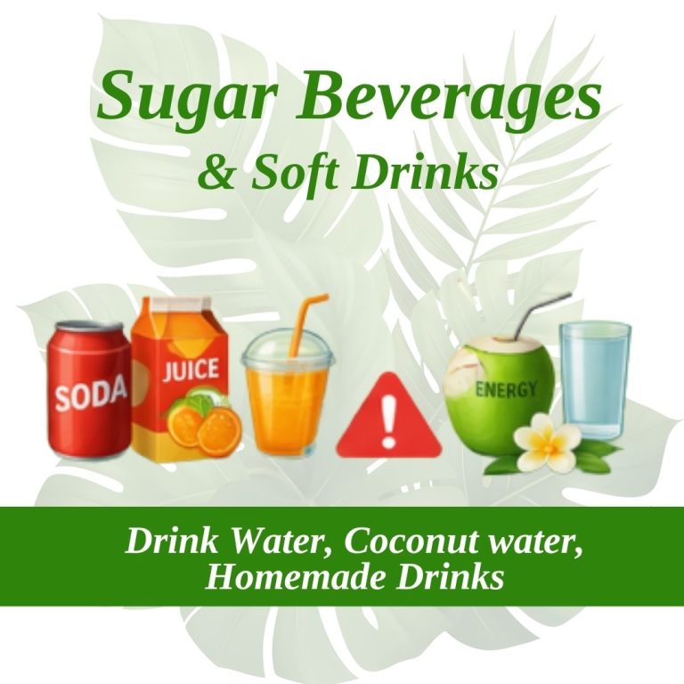 Sugary beverages and soft drinks contrasted with water and coconut water highlighting healthier drink options for kidney health