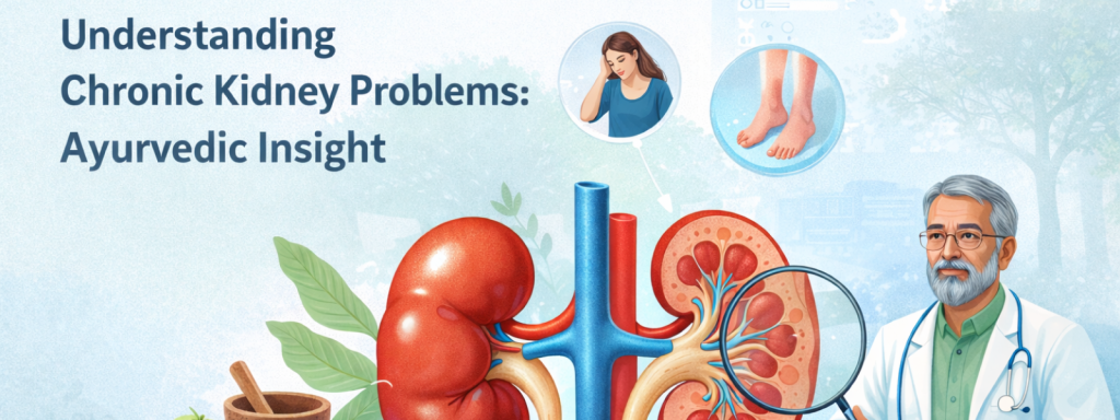 Understanding Chronic Kidney Problems illustrated with anatomical kidneys, Ayurvedic herbs, and a doctor reviewing kidney health in a clinical setting.