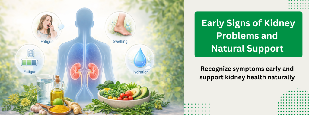 Illustration showing early symptoms of kidney problems with highlighted kidneys, fatigue, swelling, hydration icons, and natural lifestyle support elements.