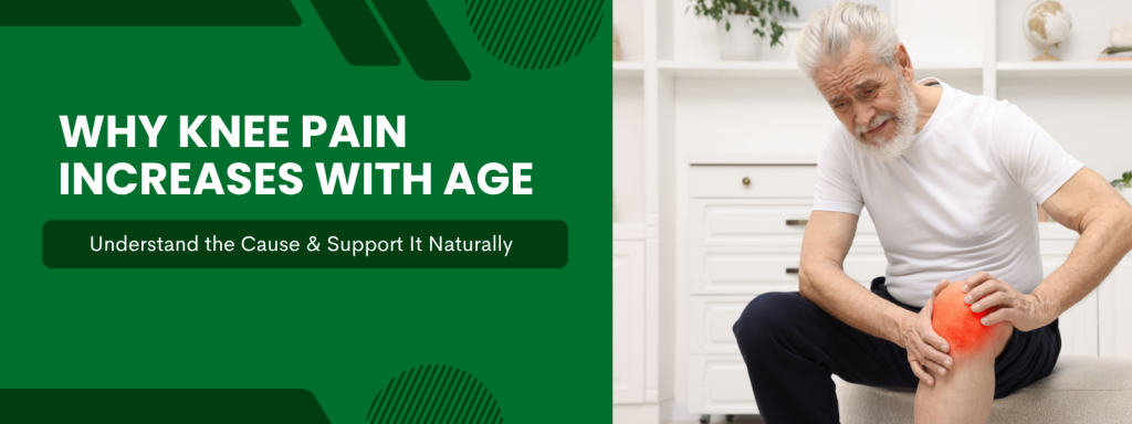 why knee pain increases with age showing elderly man holding knee in discomfort and natural support concept