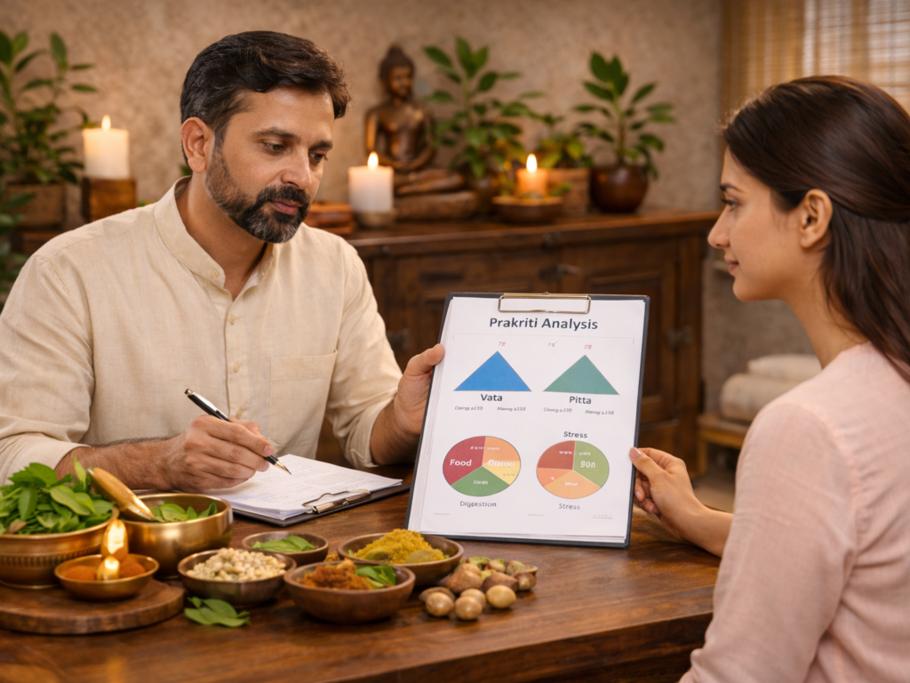 Ayurvedic doctor understanding lifestyle digestion and body balance during personalised consultation