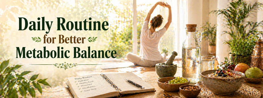 daily routine for better metabolic balance shown through a peaceful morning wellness routine with sunlight, healthy breakfast, and stretching