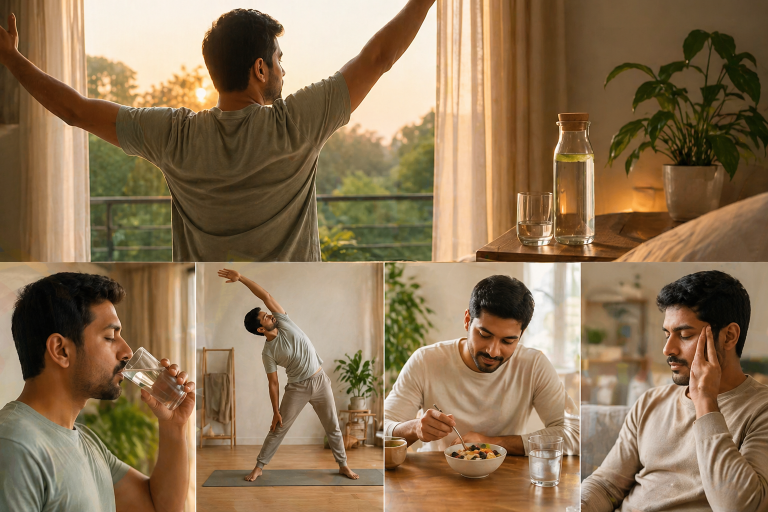 A peaceful morning wellness scene showing healthy breakfast preparation, water, stretching, sunlight, and a calm Ayurvedic lifestyle routine.