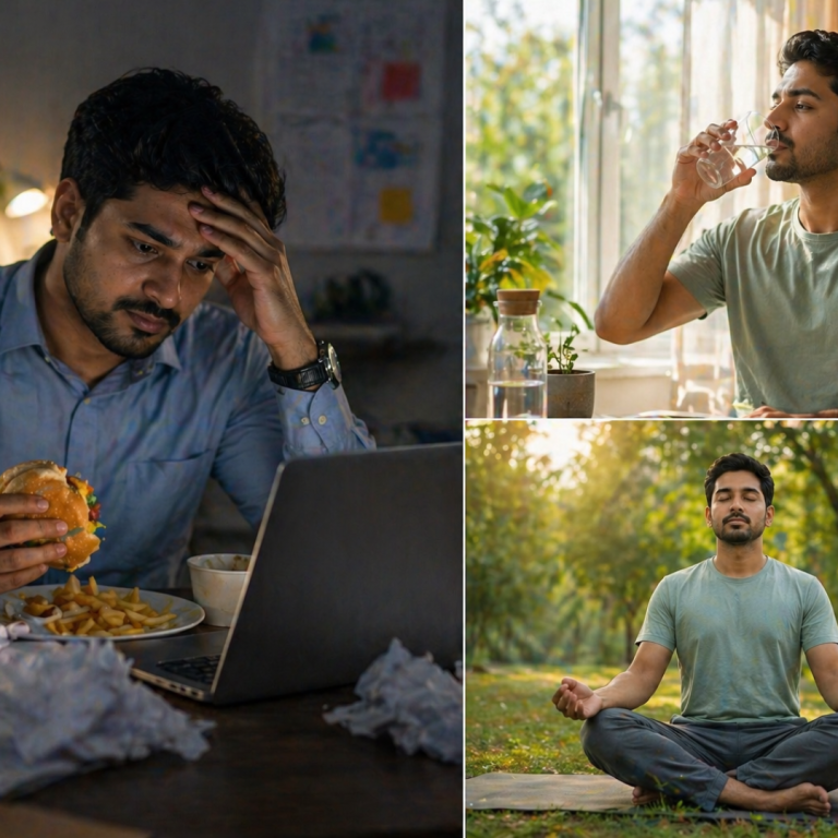 daily routine for better metabolic balance comparing unhealthy stress habits with healthy hydration and meditation lifestyle