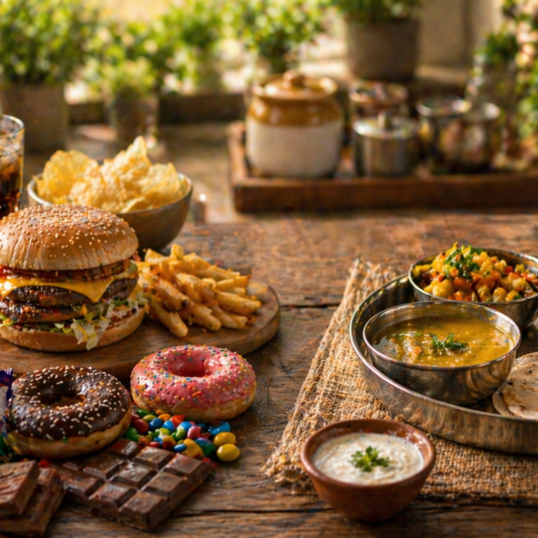 Lifestyle habits that affect blood sugar balance showing processed foods compared with fresh healthy meals for better digestion