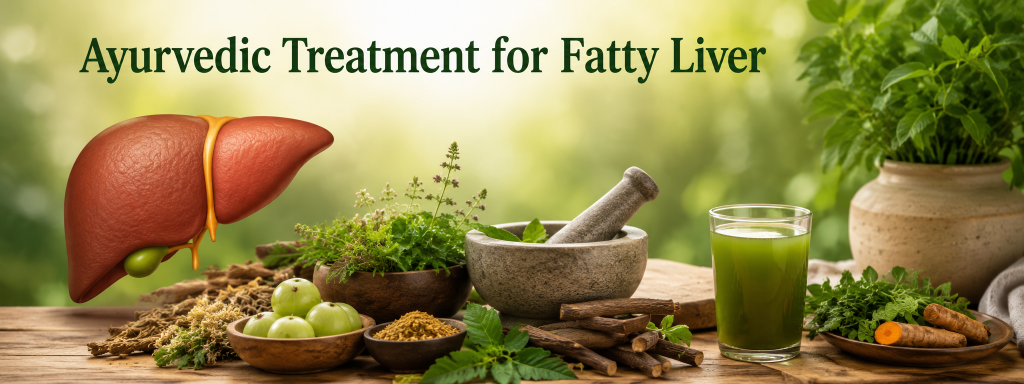 Ayurvedic treatment for fatty liver showing natural healing with Ayurvedic herbs, liver wellness support, and holistic care