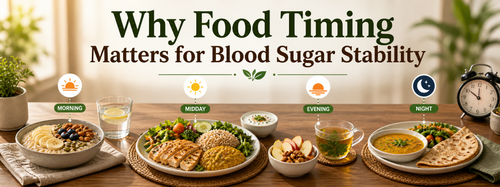 Why food timing matters for blood sugar stability shown through a structured daily meal routine supporting balanced metabolism