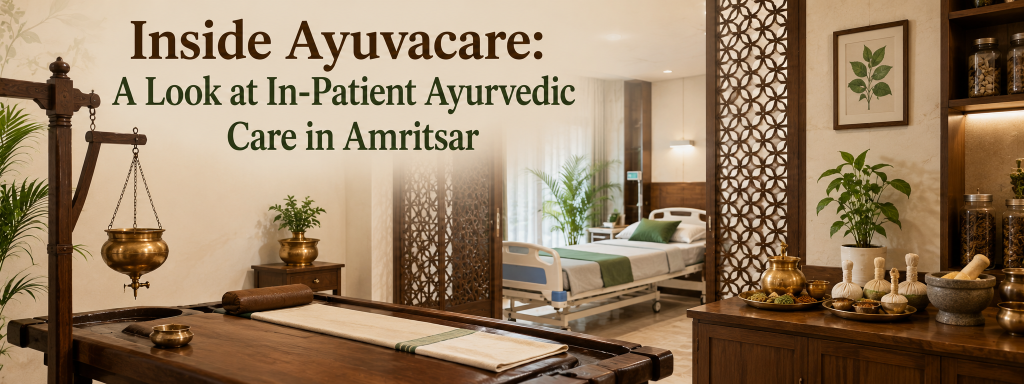 Inside an Ayurvedic hospital in Amritsar showing Ayuvacare's in-patient treatment room with Ayurvedic therapy bed, herbal oils, and recovery facilities.